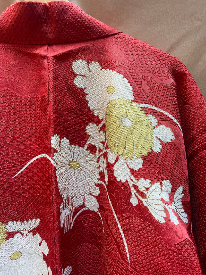 Haori Jacket Cerise Magenta with Flowers and Patterns in Silk