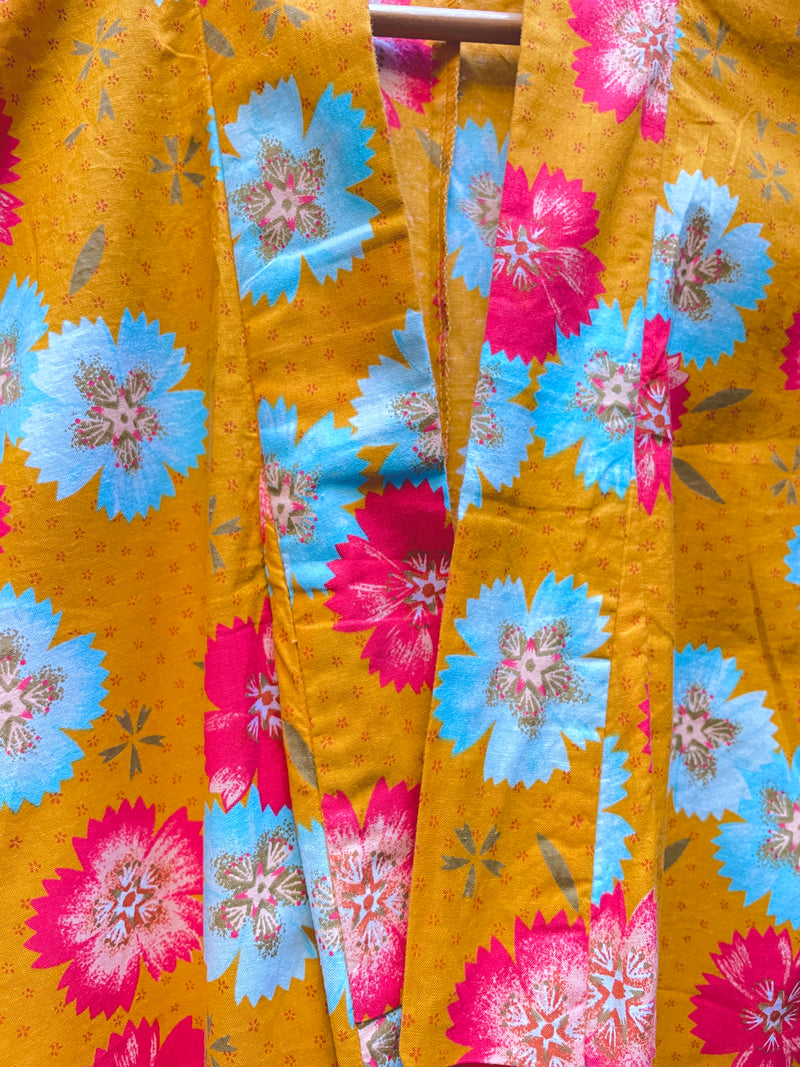 Yukata Kimono in Ochre Yellow Gold with Flowers in Cotton