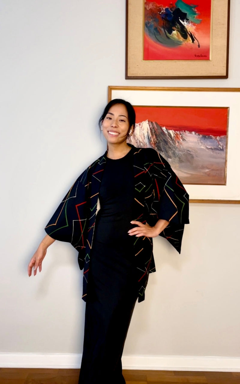 Haori Black with Colorful Lines in Silk