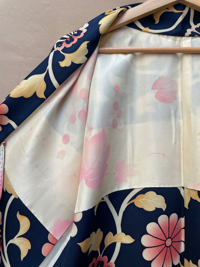 Haori Jacket Dark Blue with Flowers Motif in Crepe Silk