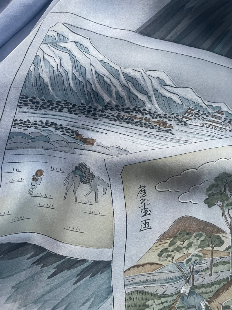 Kimono Mens with Handpainted Mount Fuji Art in Grey and Blue Silk