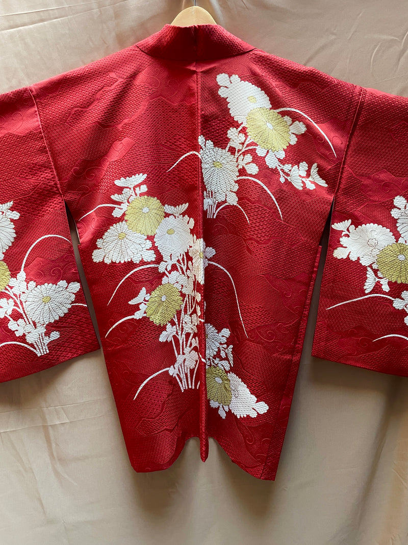 Haori Jacket Cerise Magenta with Flowers and Patterns in Silk