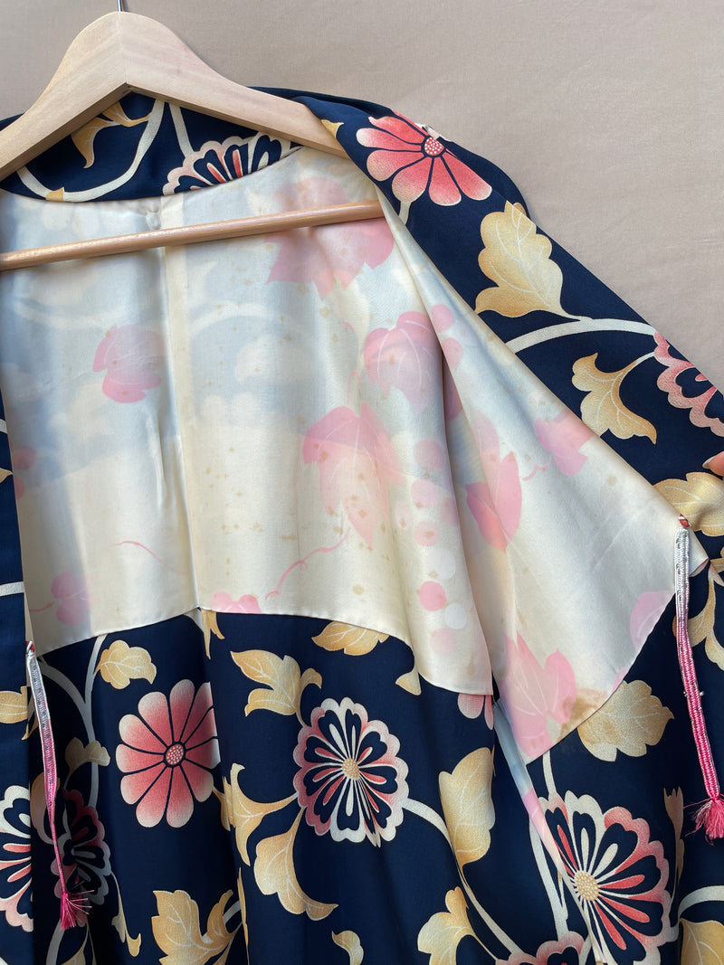 Haori Jacket Dark Blue with Flowers Motif in Crepe Silk