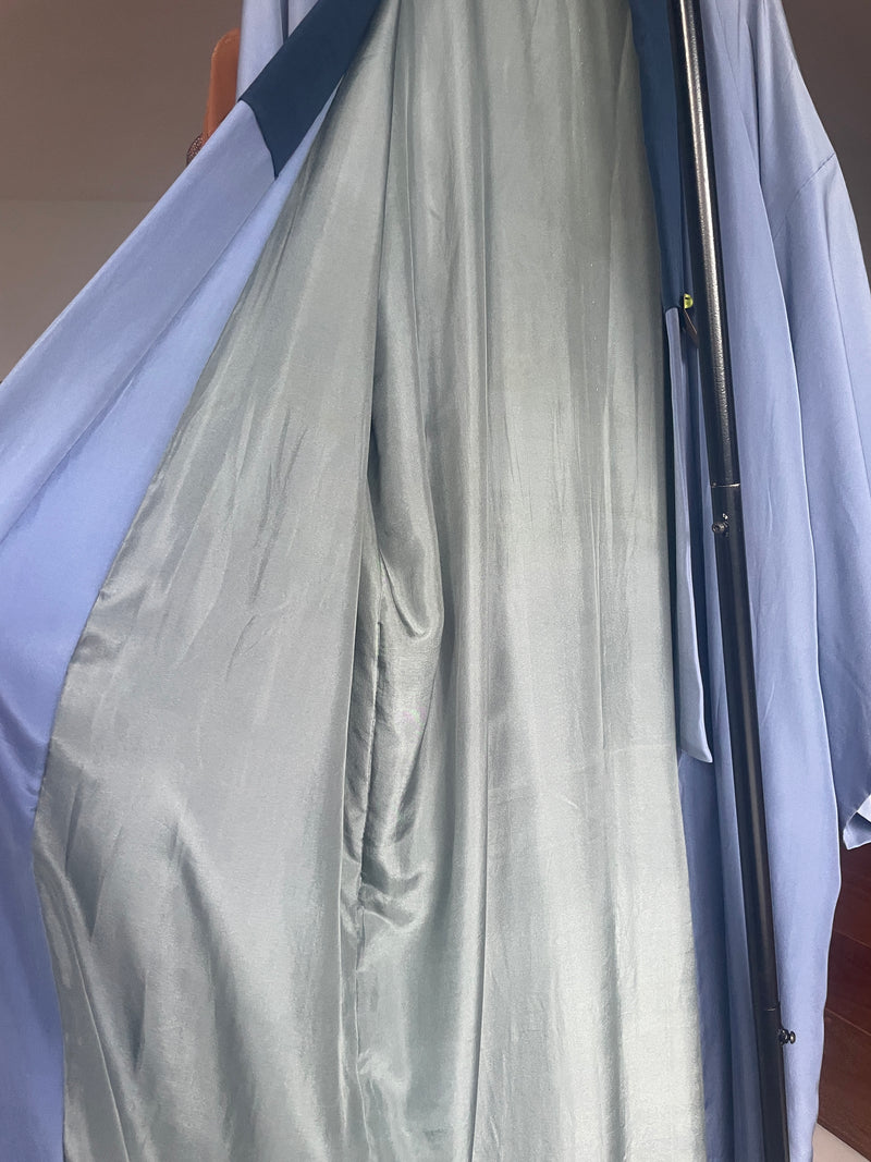 Kimono Mens with Handpainted Mount Fuji Art in Grey and Blue Silk