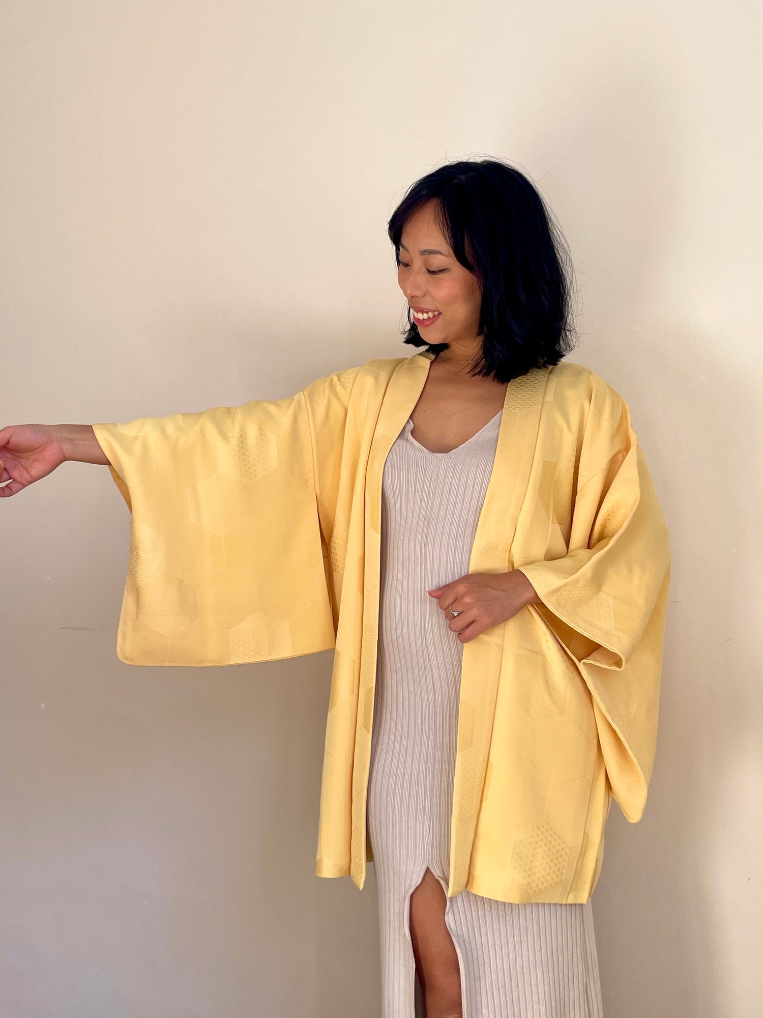 Haori Pale Yellow with Bee Hive with Texture in Silk
