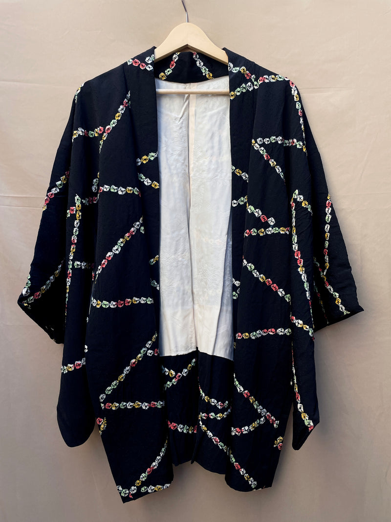Haori Jacket Black with Colorful Shibori Technique Patterns in Silk