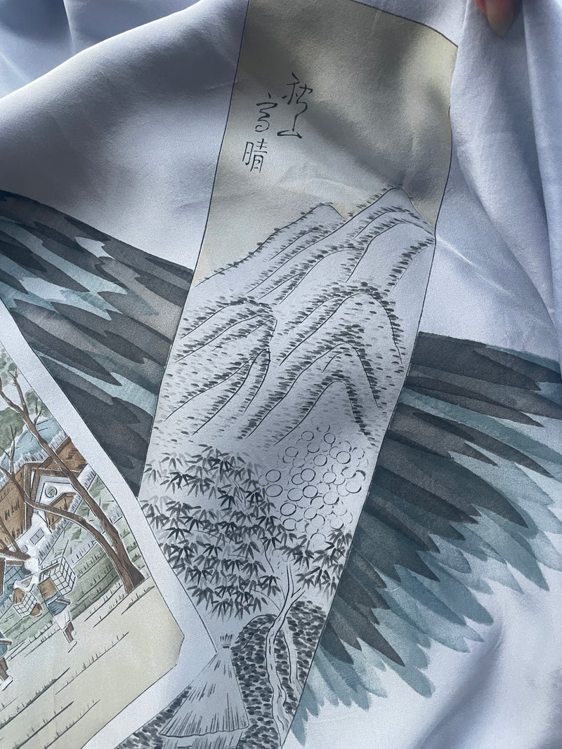 Kimono Mens with Handpainted Mount Fuji Art in Grey and Blue Silk