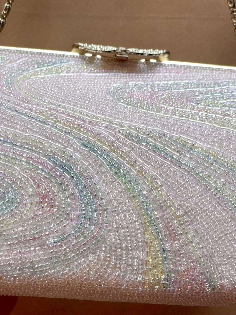 Beaded Handbag Pale Pink with Embroidered Colorful Waves