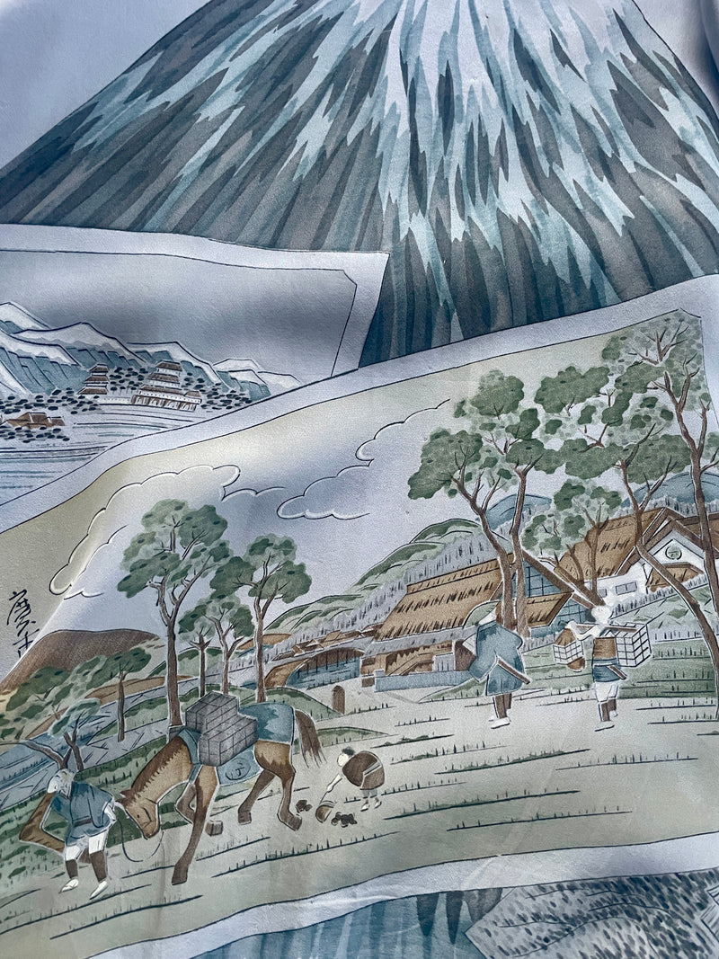 Kimono Mens with Handpainted Mount Fuji Art in Grey and Blue Silk