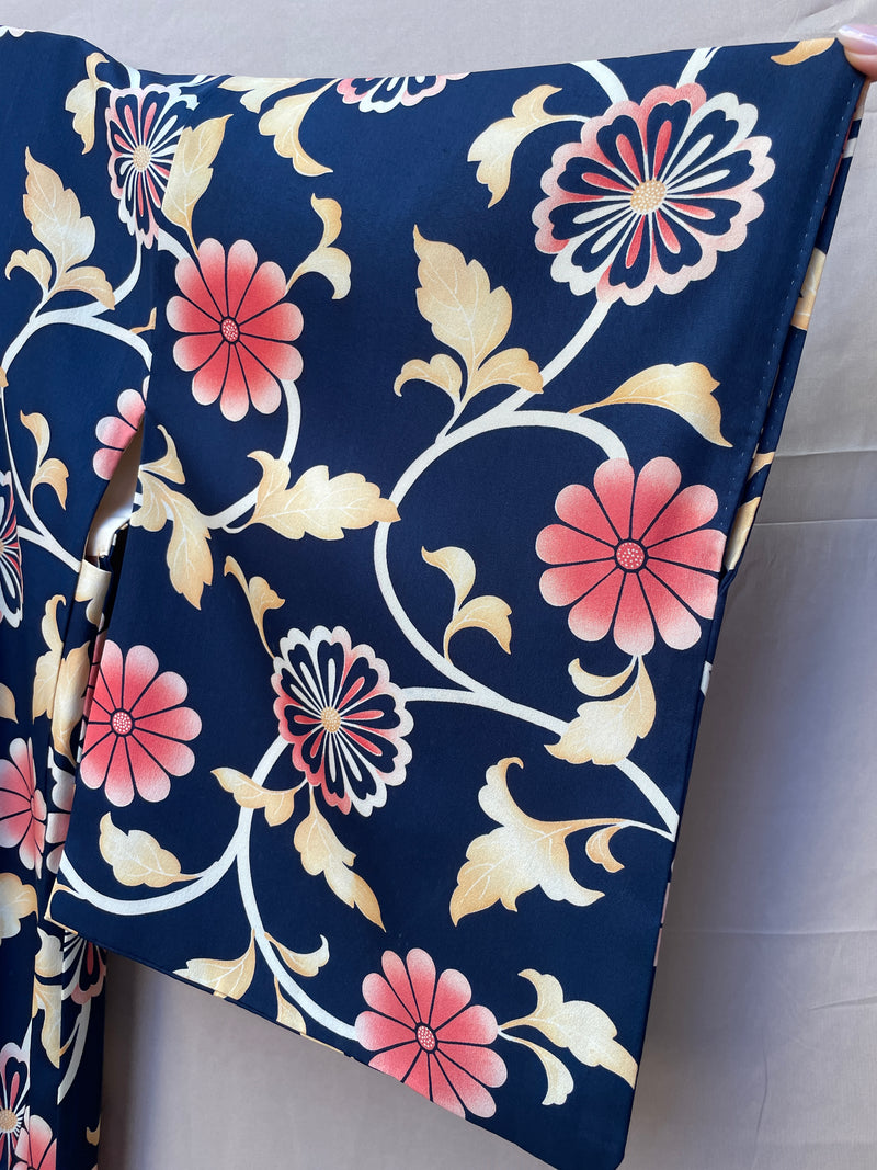 Haori Jacket Dark Blue with Flowers Motif in Crepe Silk