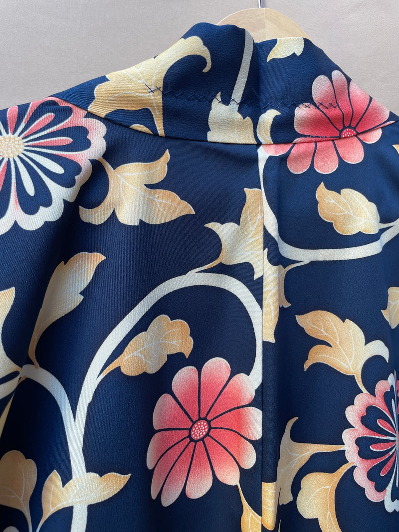 Haori Jacket Dark Blue with Flowers Motif in Crepe Silk