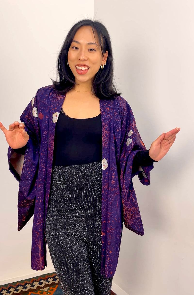 Haori Jacket Deep Purple Jacquard with Plum Flowers