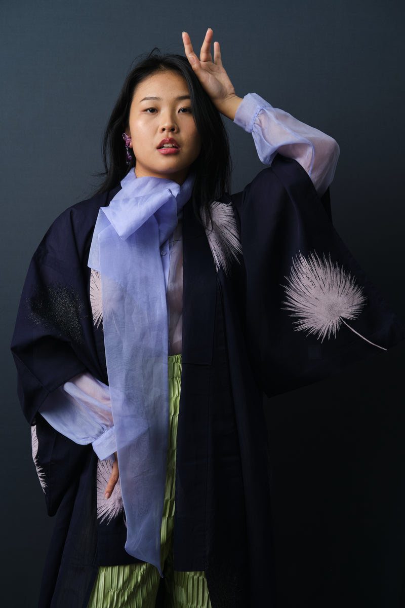 Kimono Sheer Dark Purple with Lilac and Black Embroideries