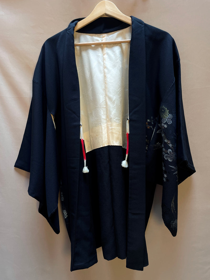 Haori Jacket Black with Metallic Colorful Flower Embroideries in Silk