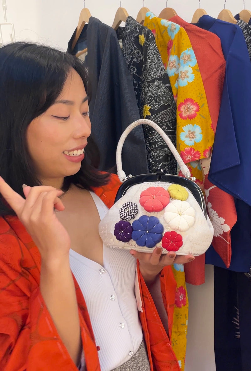 Japanese Handbag with Chirimen Flowers in Kimono Fabric
