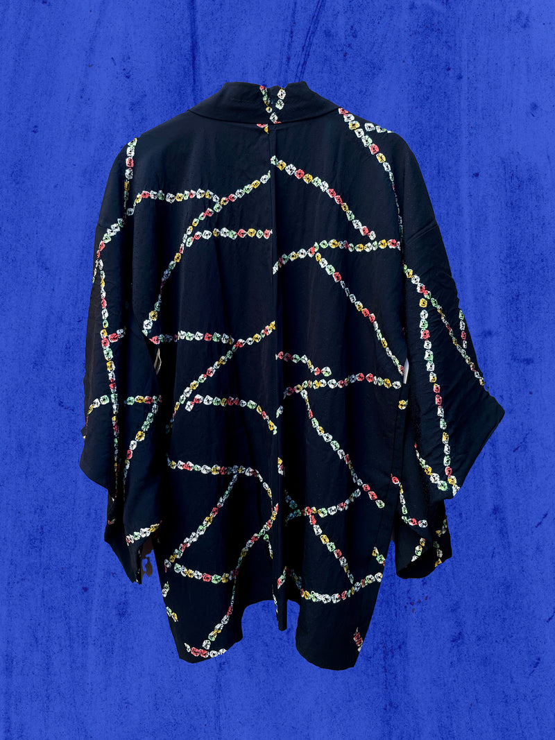 Haori Jacket Black with Colorful Shibori Technique Patterns in Silk