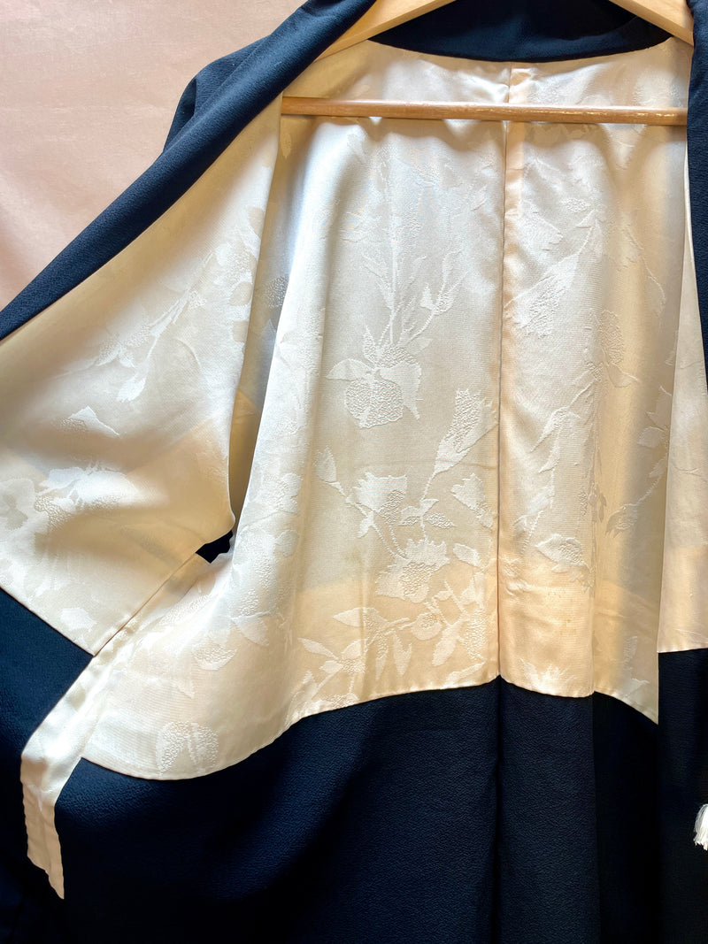 Haori Jacket Black with Metallic Colorful Flower Embroideries in Silk