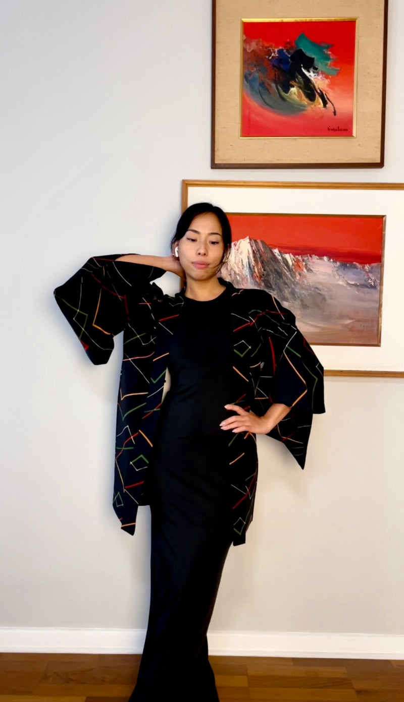 Haori Black with Colorful Lines in Silk