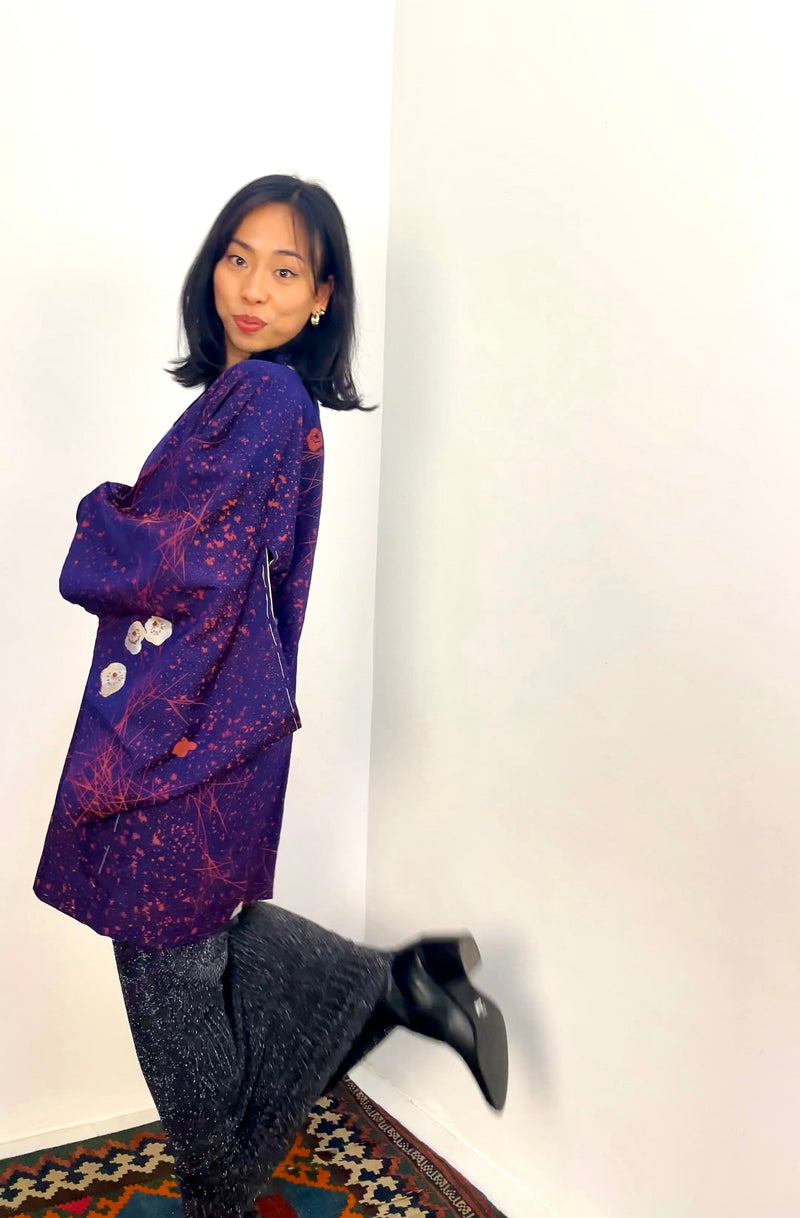 Haori Jacket Deep Purple Jacquard with Plum Flowers