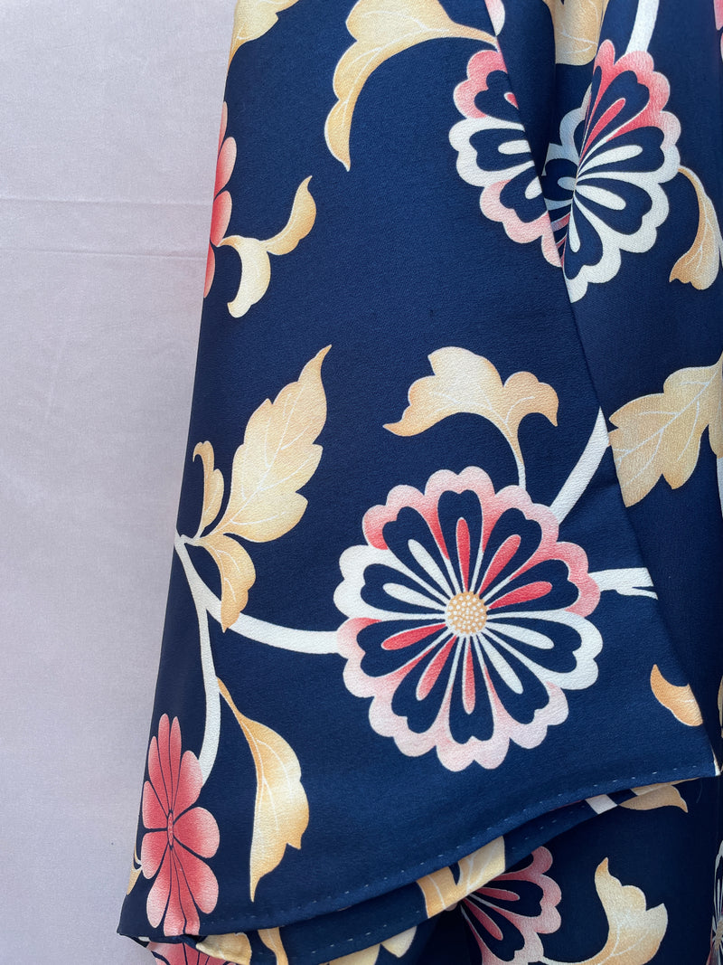 Haori Jacket Dark Blue with Flowers Motif in Crepe Silk