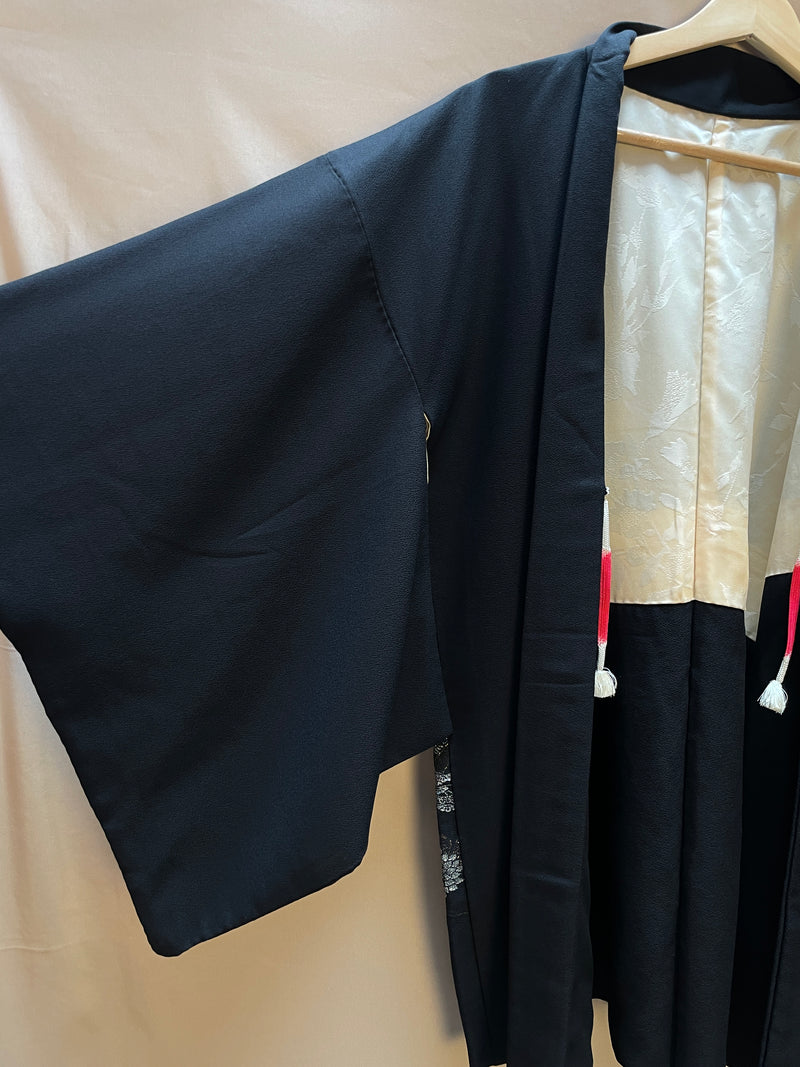 Haori Jacket Black with Metallic Colorful Flower Embroideries in Silk