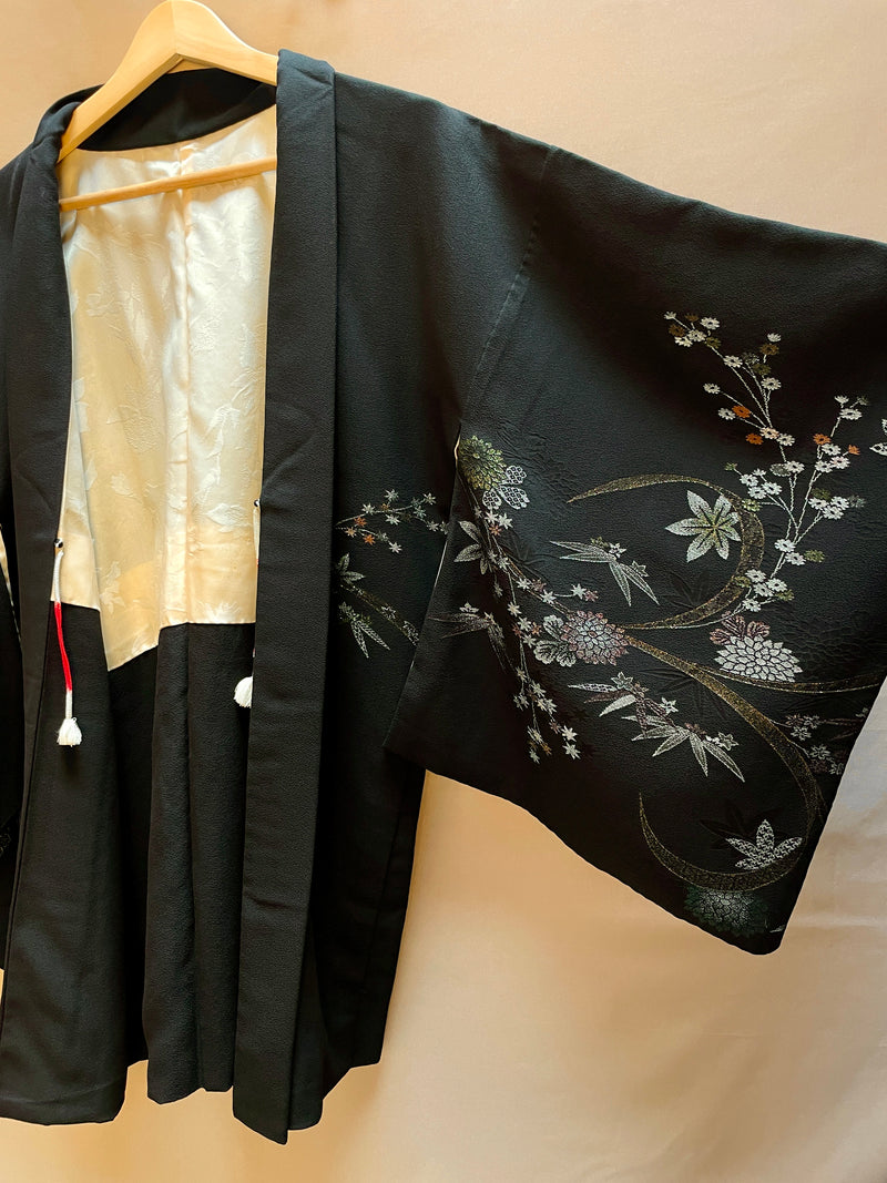 Haori Jacket Black with Metallic Colorful Flower Embroideries in Silk