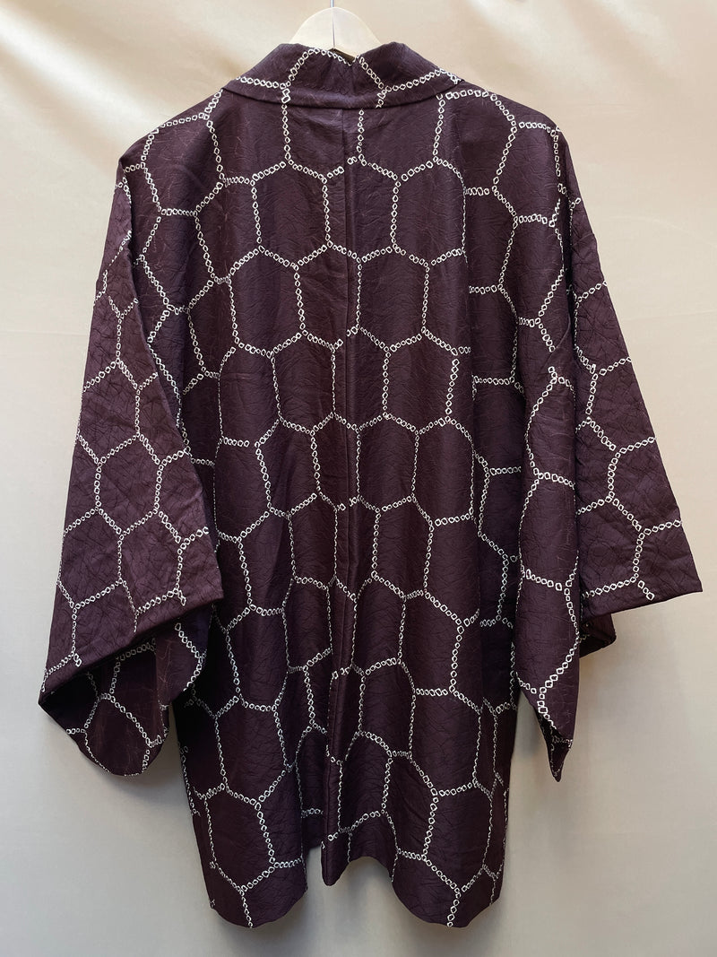 Haori Jacket Deep Brown Silk with Shibori Technique Patterns