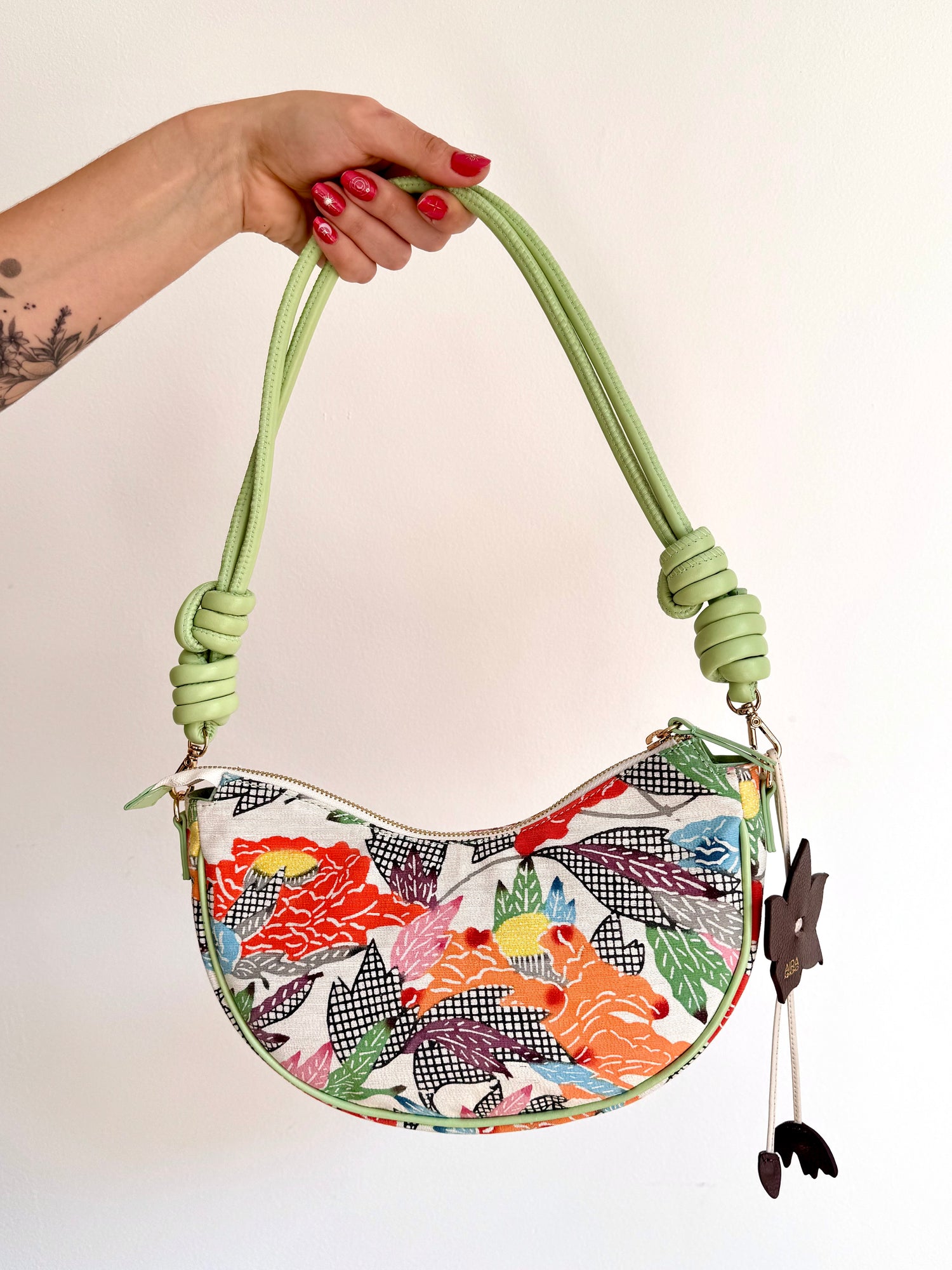 Aiko Bag: Summer Multicolor - from Japanese Obi Sash with Green Leather Strap
