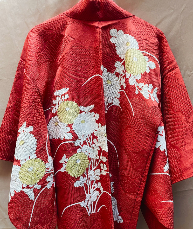 Haori Jacket Cerise Magenta with Flowers and Patterns in Silk