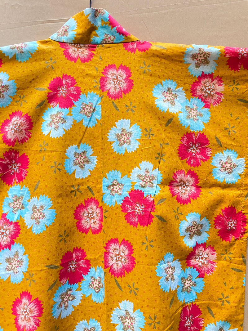 Yukata Kimono in Ochre Yellow Gold with Flowers in Cotton