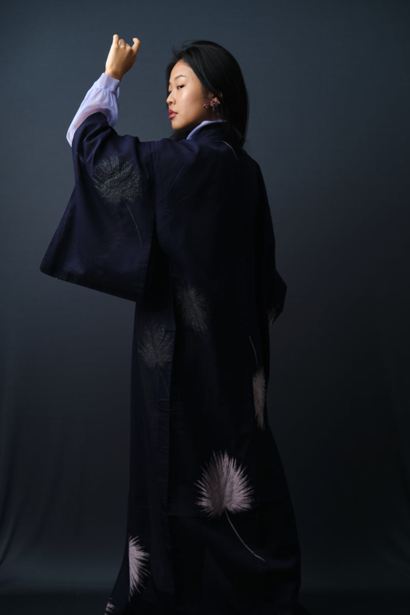 Kimono Sheer Dark Purple with Lilac and Black Embroideries