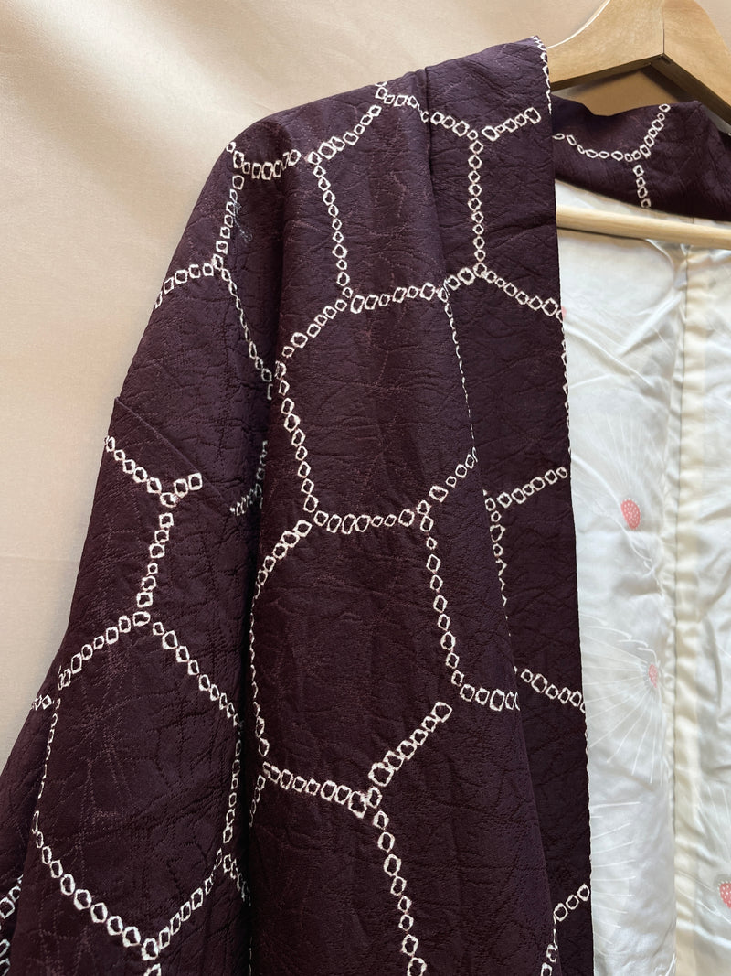 Haori Jacket Deep Brown Silk with Shibori Technique Patterns