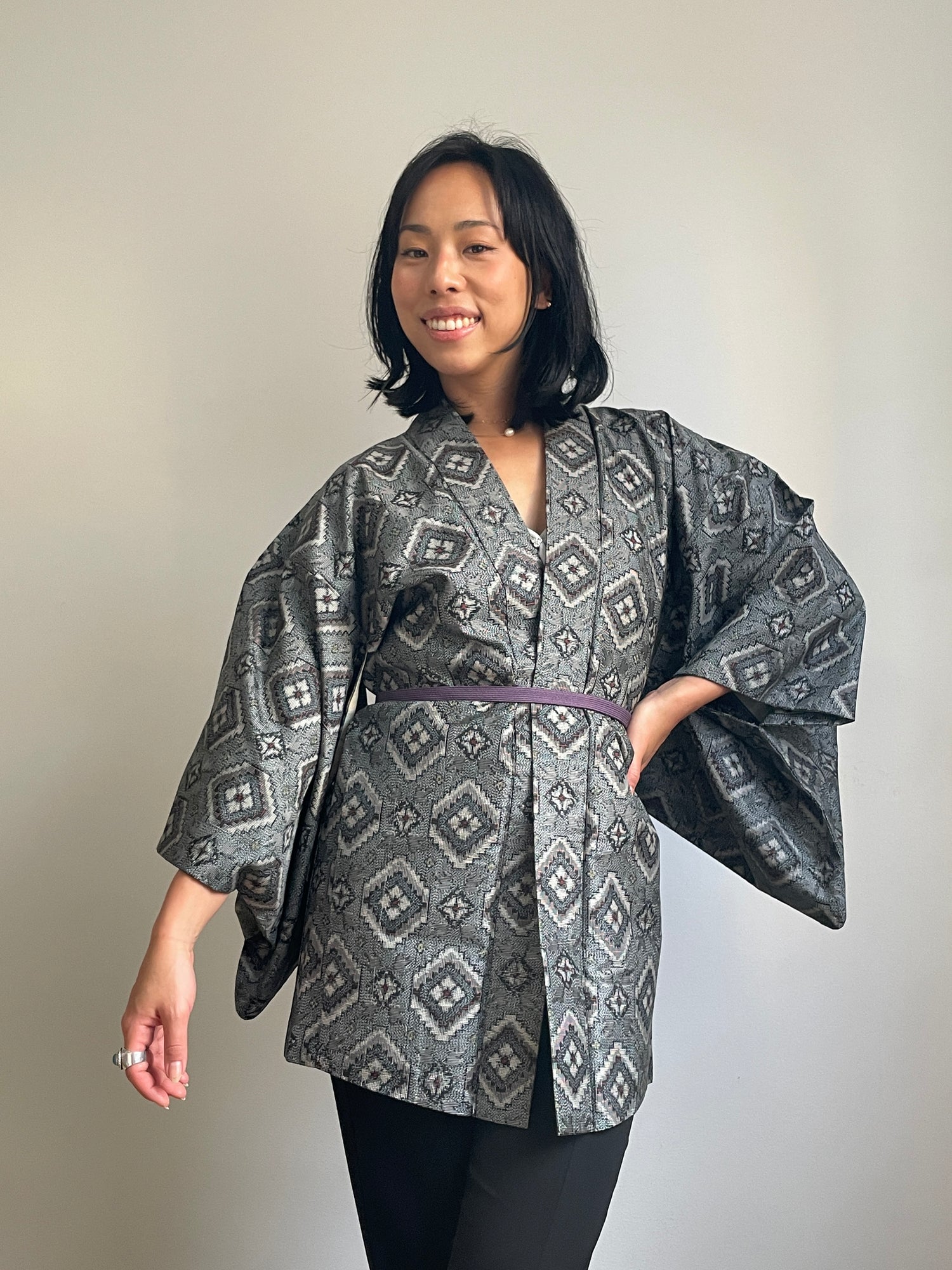 Haori Grey Geometric in Tsumugi Technique in Silk