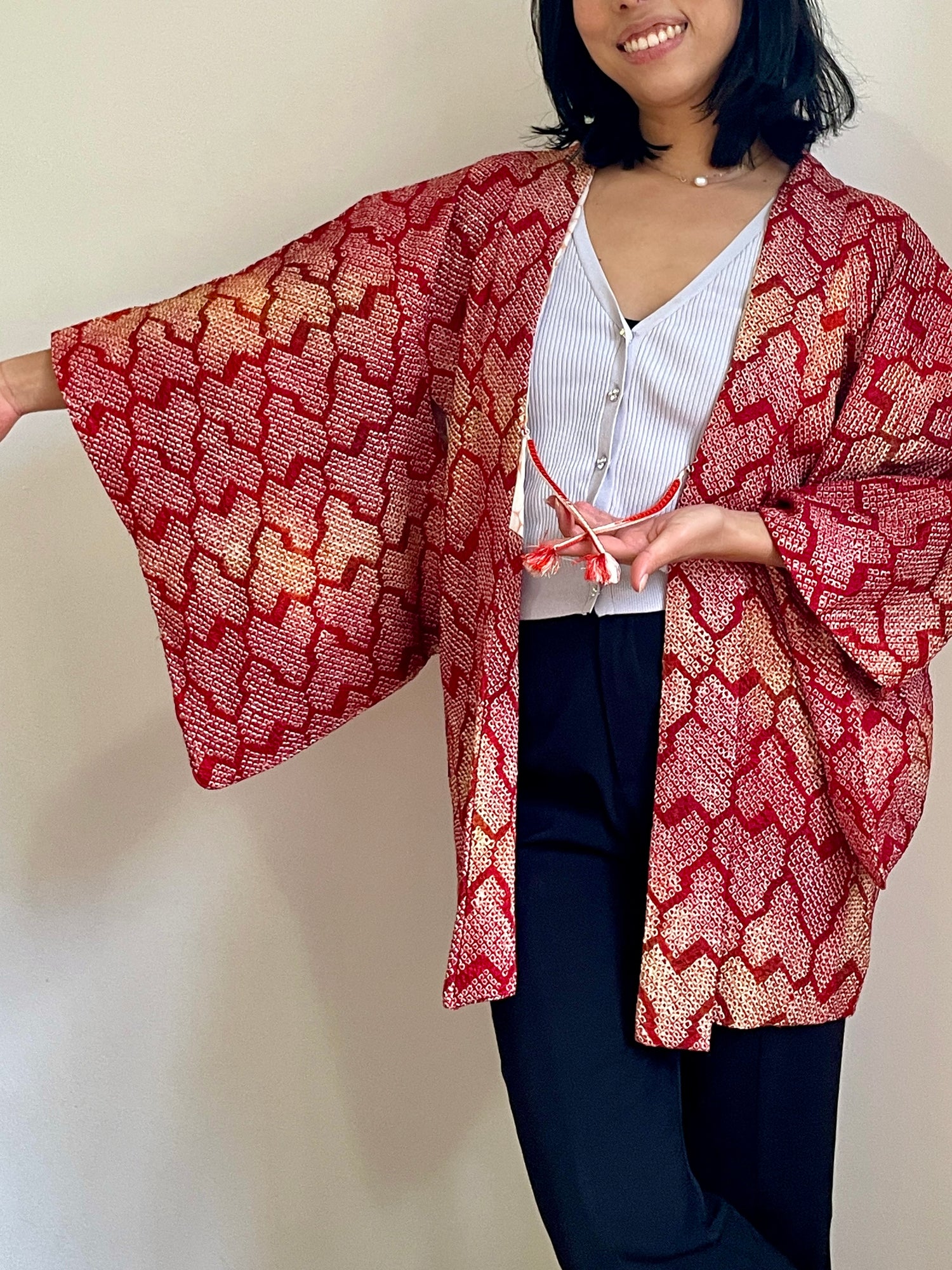Haori Red Crayon Shibori Technique Geometric in Silk