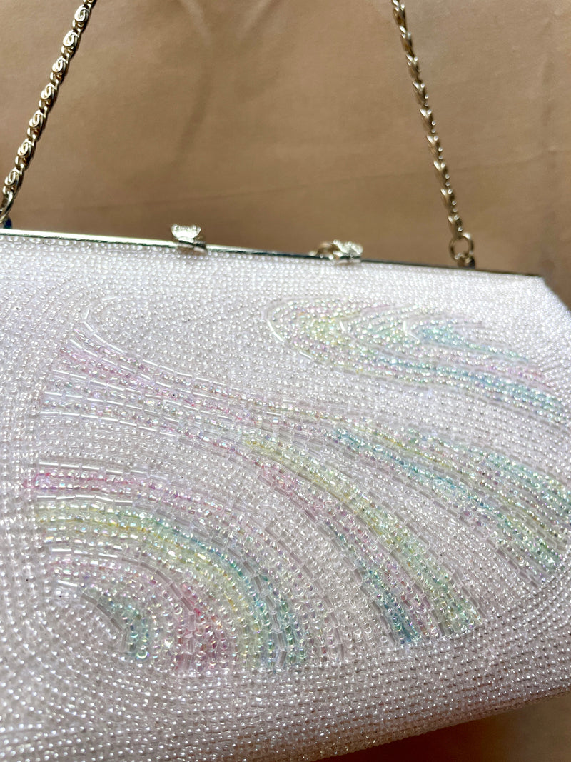 Beaded Handbag Pale Pink with Embroidered Colorful Waves