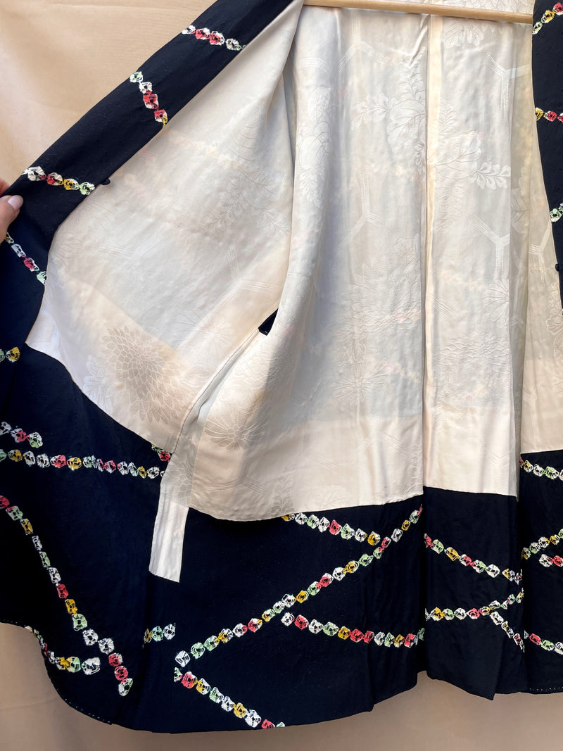 Haori Jacket Black with Colorful Shibori Technique Patterns in Silk