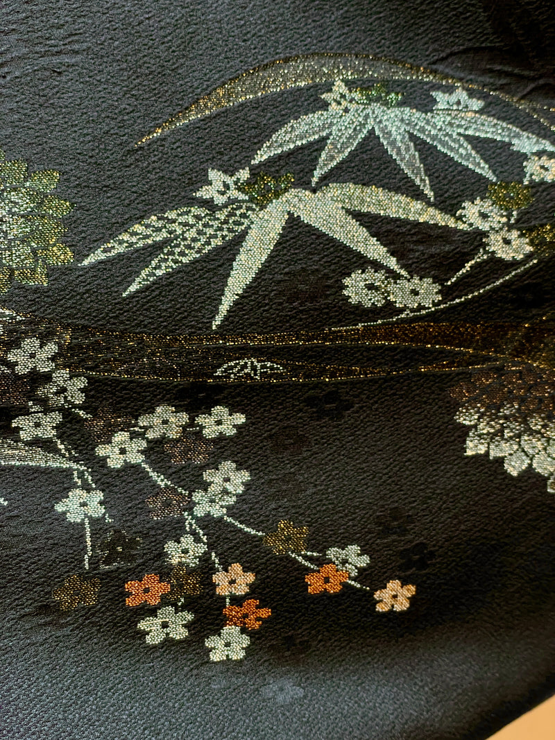 Haori Jacket Black with Metallic Colorful Flower Embroideries in Silk
