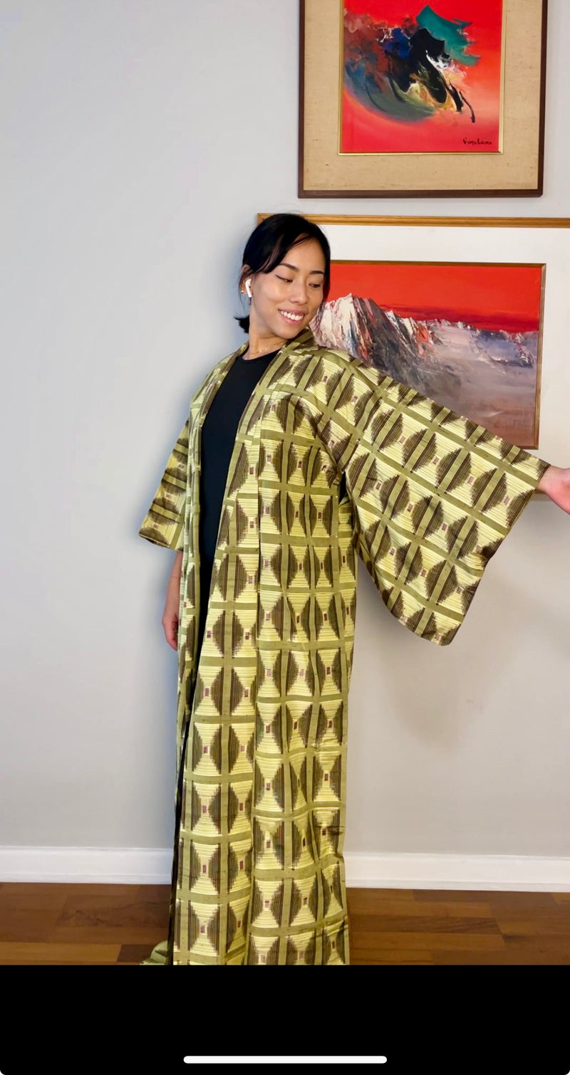 Kimono Tsumugi Green Geometric