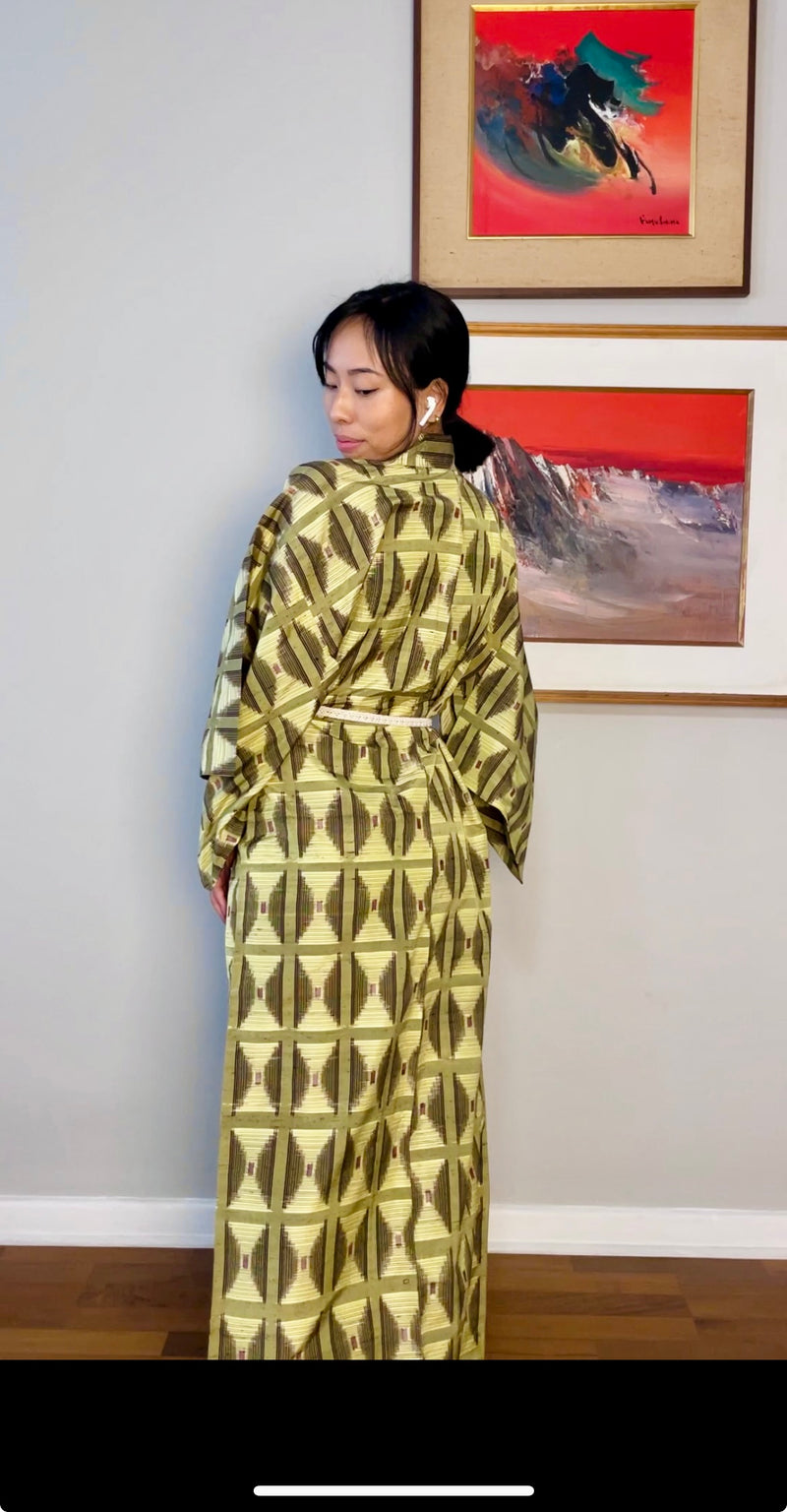 Kimono Tsumugi Green Geometric