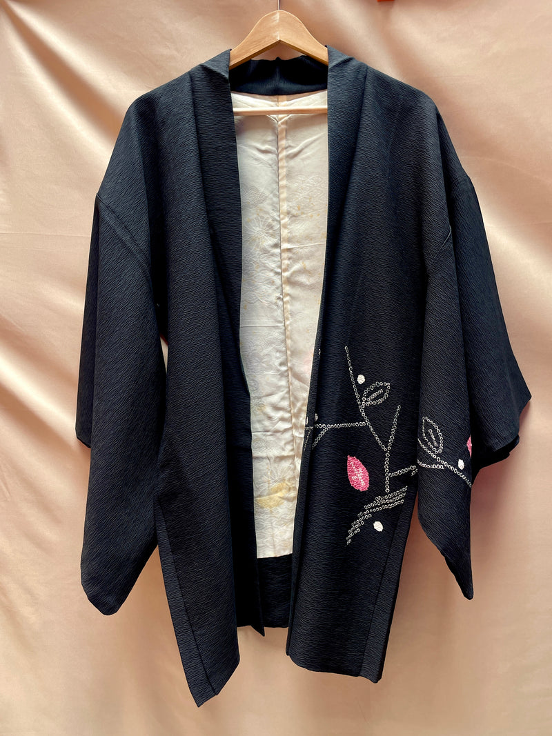 Haori Jacket in Black Silk Crepe with Shibori Art