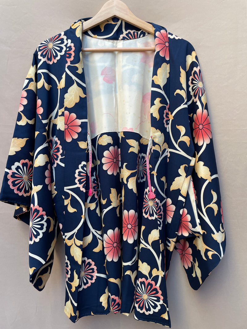 Haori Jacket Dark Blue with Flowers Motif in Crepe Silk