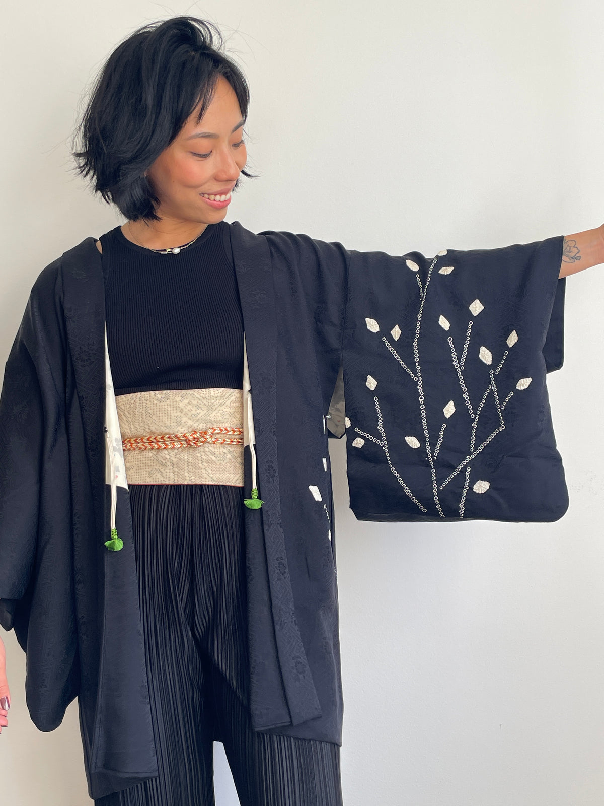 Haori Black with White Shibori Technique Leaves White in Silk