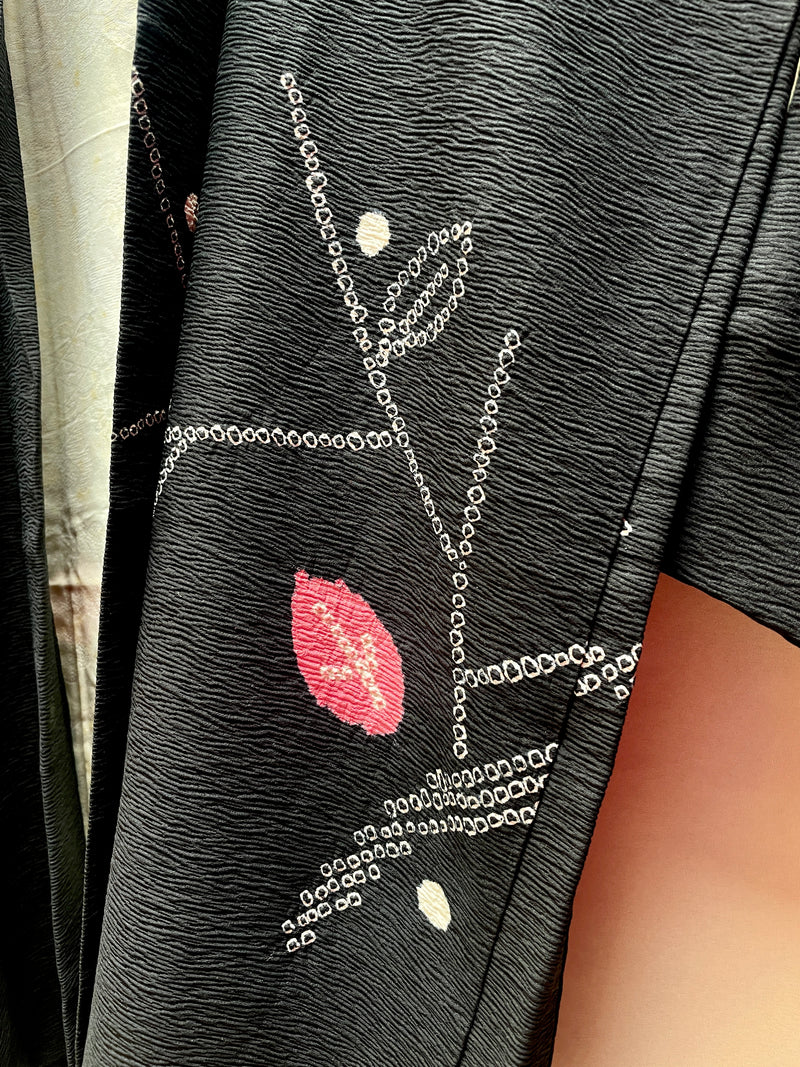 Haori Jacket in Black Silk Crepe with Shibori Art