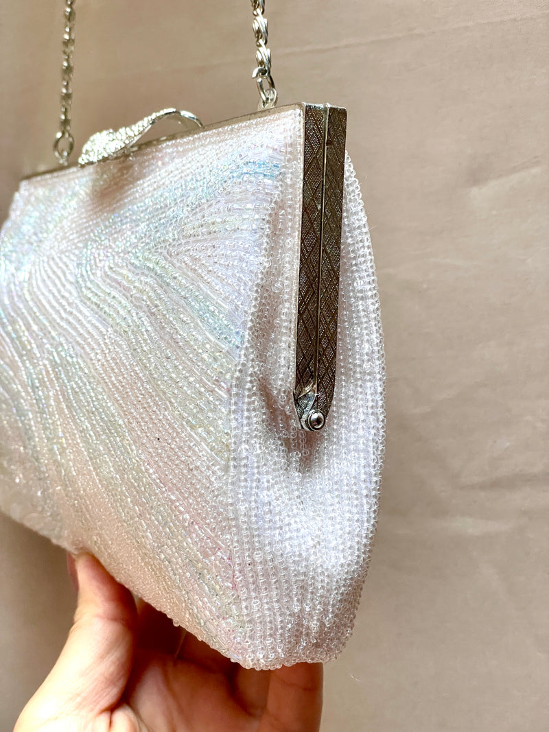 Beaded Handbag Pale Pink with Embroidered Colorful Waves