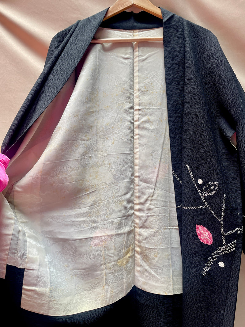 Haori Jacket in Black Silk Crepe with Shibori Art