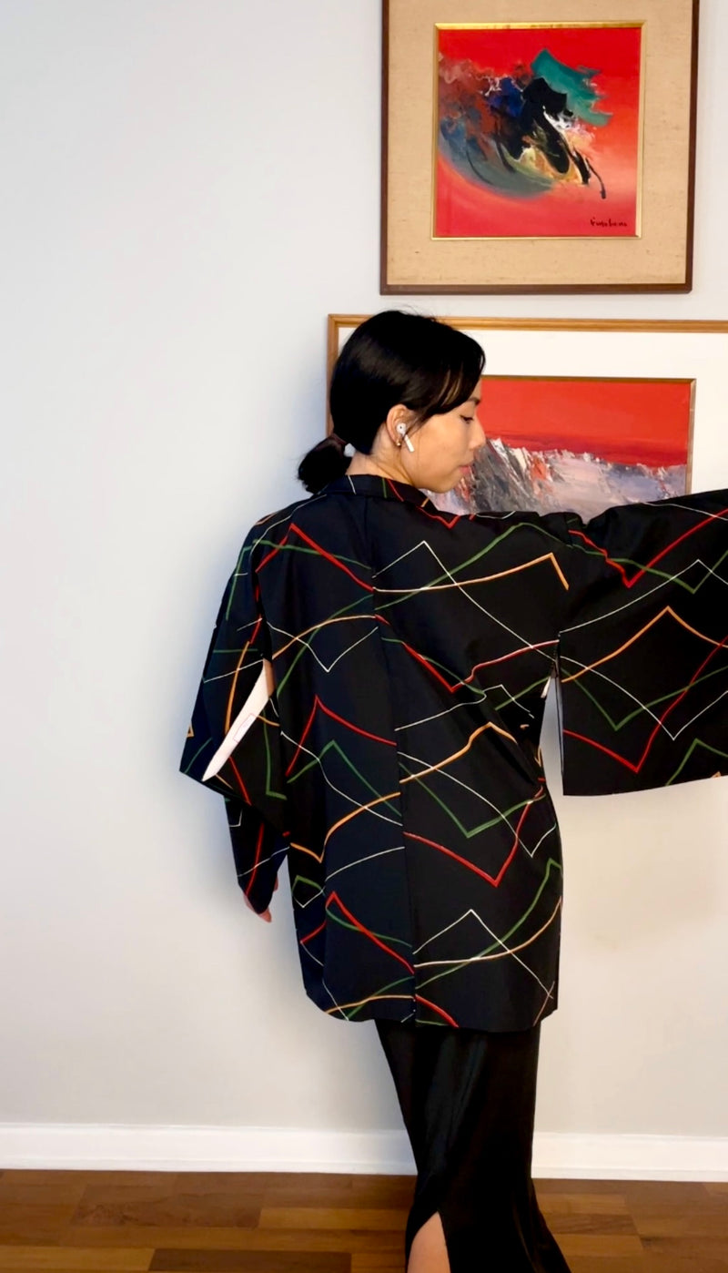 Haori Black with Colorful Lines in Silk