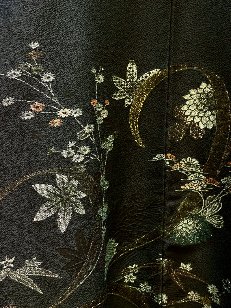 Haori Jacket Black with Metallic Colorful Flower Embroideries in Silk