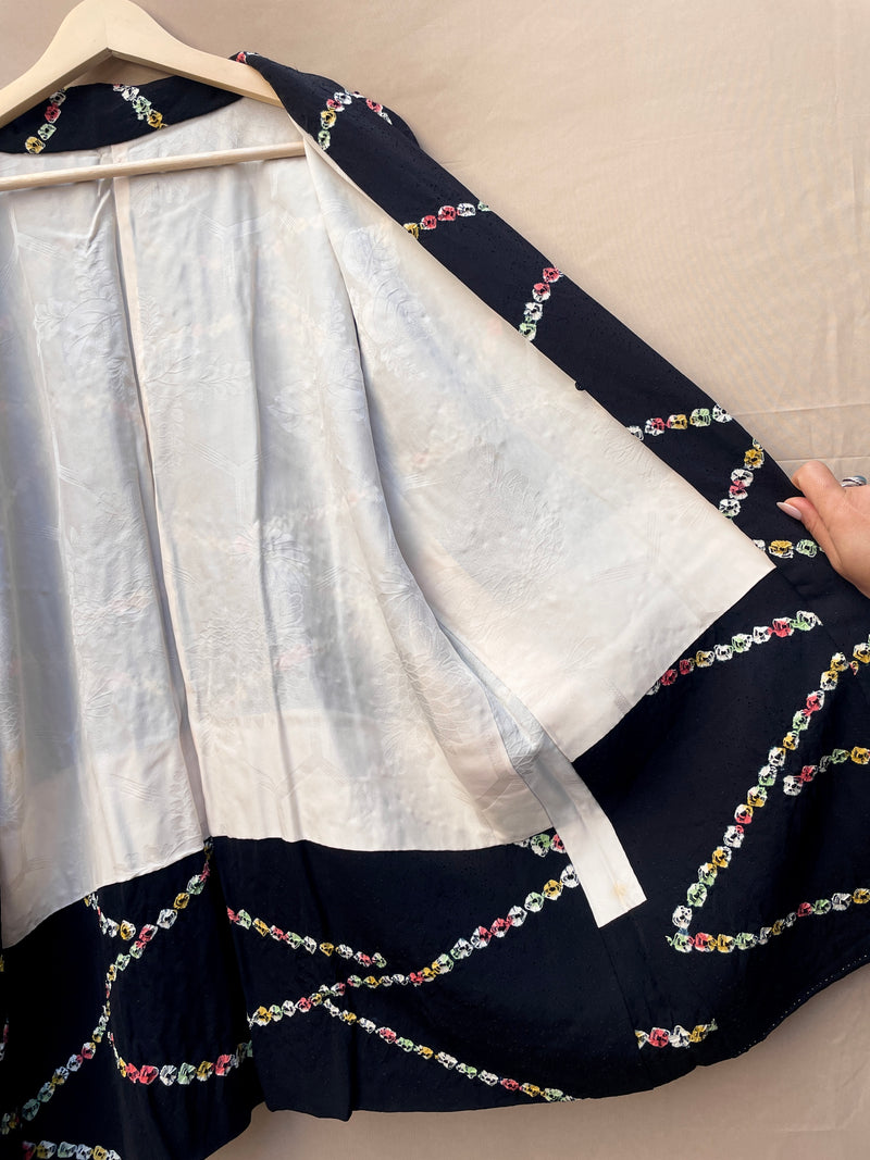 Haori Jacket Black with Colorful Shibori Technique Patterns in Silk