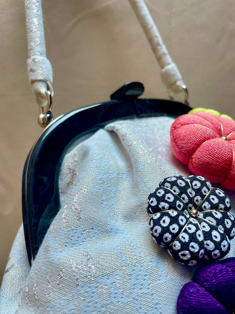 Japanese Handbag with Chirimen Flowers in Kimono Fabric
