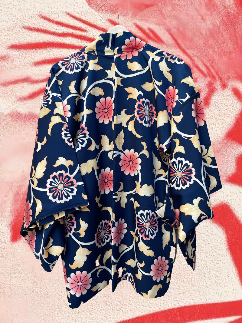 Haori Jacket Dark Blue with Flowers Motif in Crepe Silk